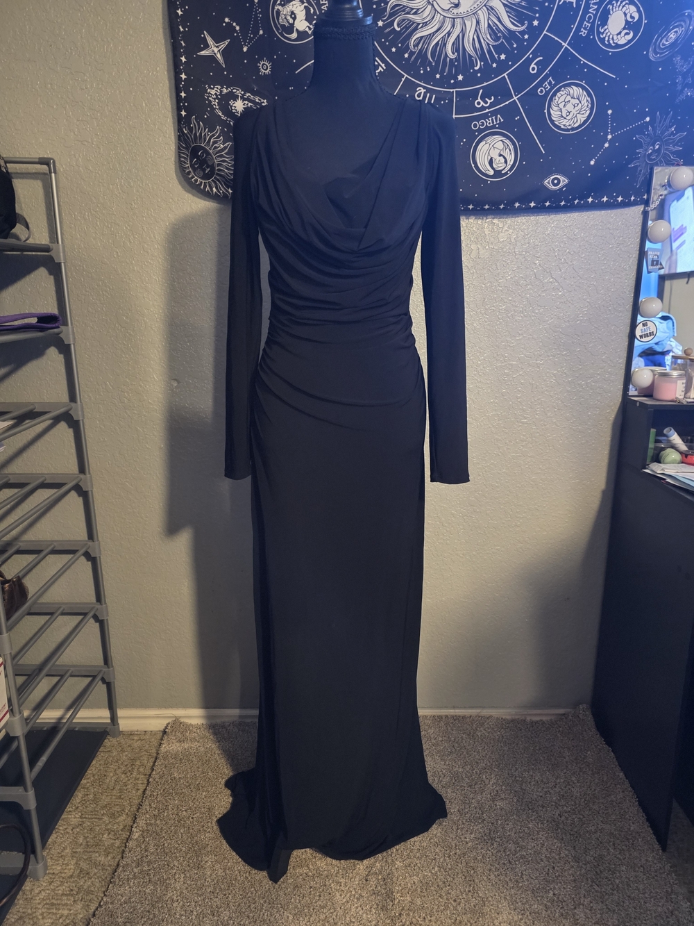 Vera Wang Black Long-Sleeve Draped Evening Gown